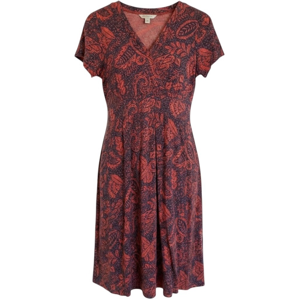 LL Bean Womens Knit Dress Rusty Red Navy Paisley V-Neck Short Sleeve Dress S M